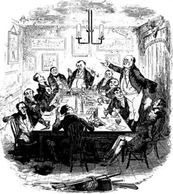 Samuel Pickwick mentre tiene un discorso ai membri del Circolo Pickwick